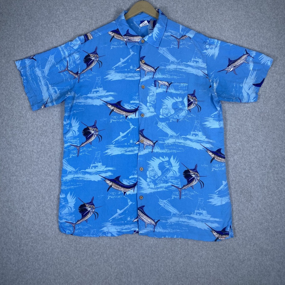 Guy Harvey Button Down Shirt Mens XL Blue Marlin Fishing Tropical Rayon